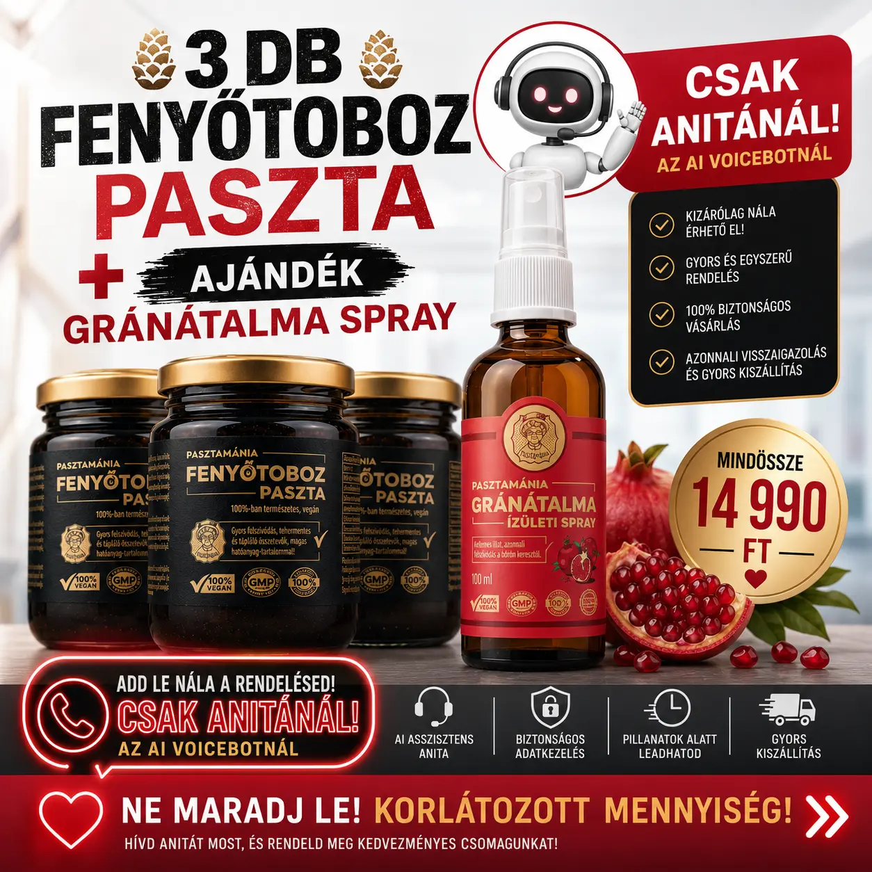 4 termék csomag – 3 db Fenyőtoboz Paszta és Gránátalma ízületi spray
